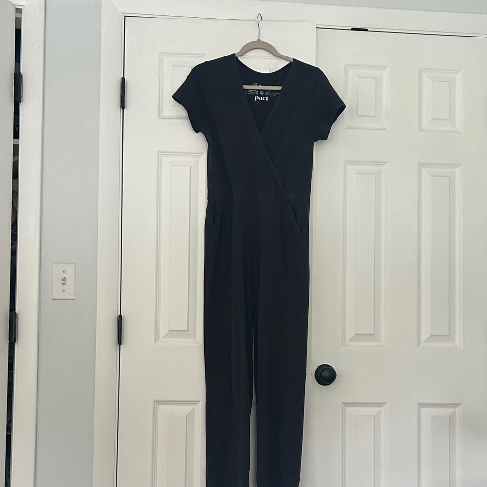 Pact Black Short Sleeve Organic Cotton Wrap Front Jumpsuit